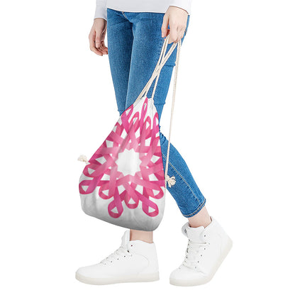Pink Breast Cancer Ribbon Flower Print Drawstring Bag