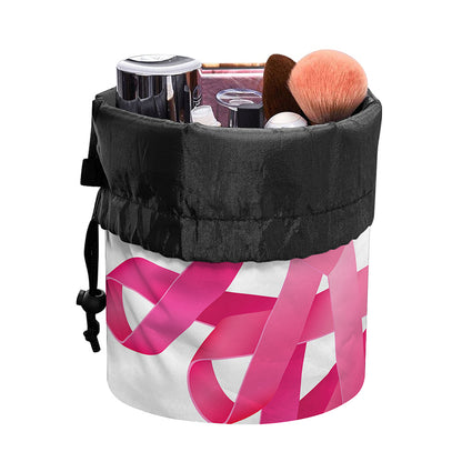 Pink Breast Cancer Ribbon Flower Print Drawstring Makeup Bag