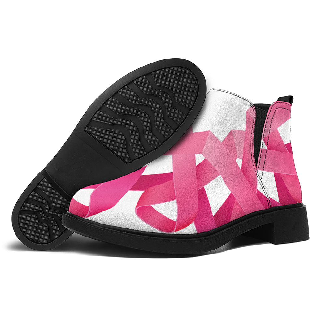 Pink Breast Cancer Ribbon Flower Print Flat Ankle Boots