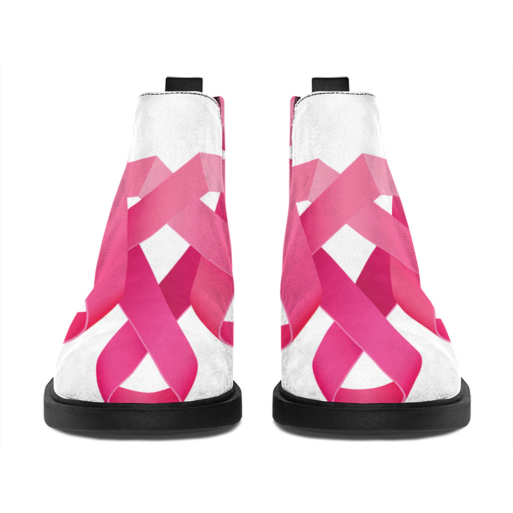 Pink Breast Cancer Ribbon Flower Print Flat Ankle Boots