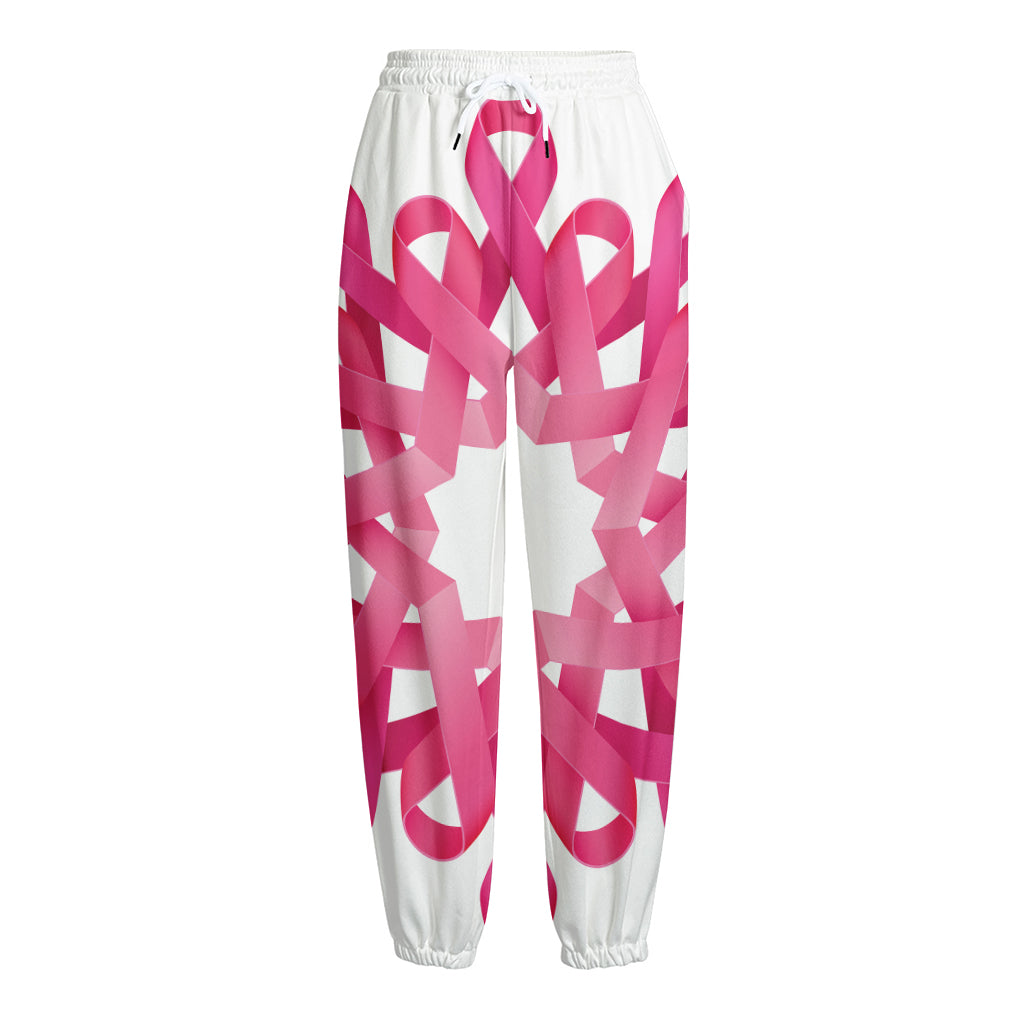 Pink Breast Cancer Ribbon Flower Print Fleece Lined Knit Pants