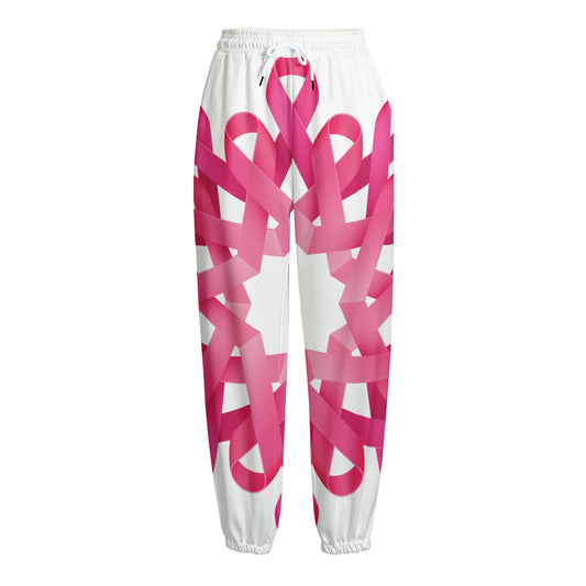 Pink Breast Cancer Ribbon Flower Print Fleece Lined Knit Pants