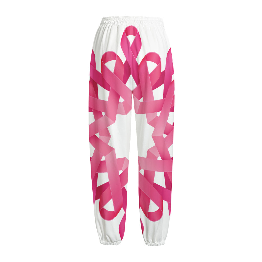 Pink Breast Cancer Ribbon Flower Print Fleece Lined Knit Pants