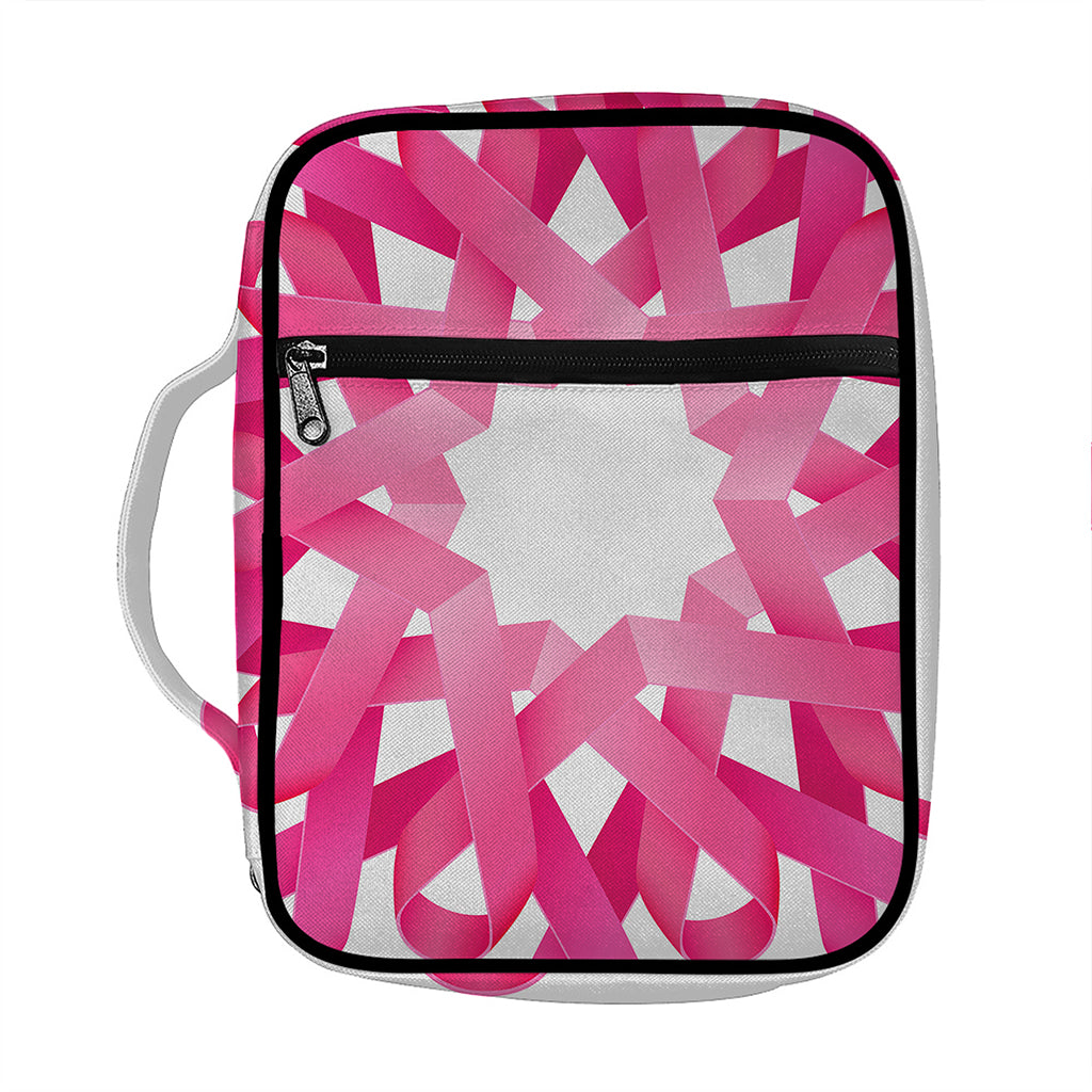 Pink Breast Cancer Ribbon Flower Print Front Pocket Bible Bag
