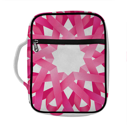 Pink Breast Cancer Ribbon Flower Print Front Pocket Bible Bag
