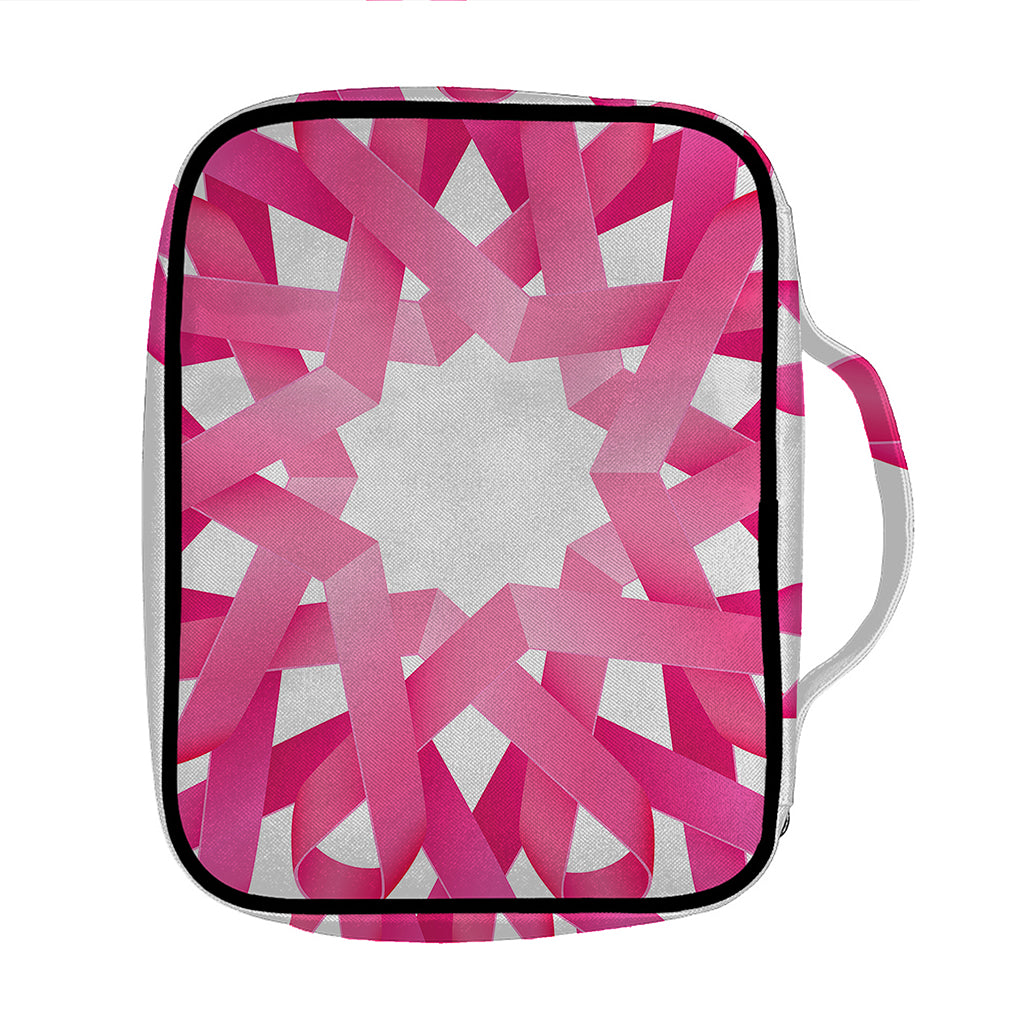 Pink Breast Cancer Ribbon Flower Print Front Pocket Bible Bag