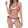Pink Breast Cancer Ribbon Flower Print Halter Scoop Tie Side Bikini