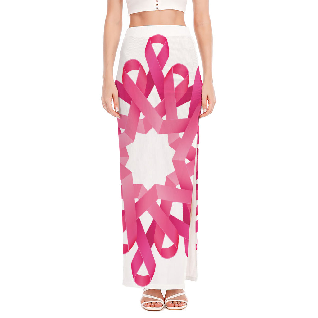 Pink Breast Cancer Ribbon Flower Print High Slit Maxi Skirt