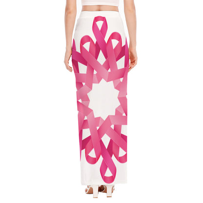 Pink Breast Cancer Ribbon Flower Print High Slit Maxi Skirt