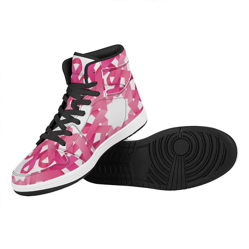 Pink Breast Cancer Ribbon Flower Print High Top Leather Sneakers