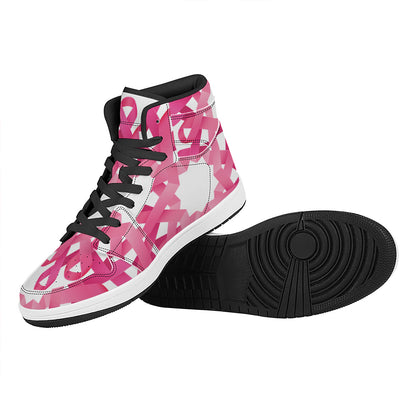 Pink Breast Cancer Ribbon Flower Print High Top Leather Sneakers