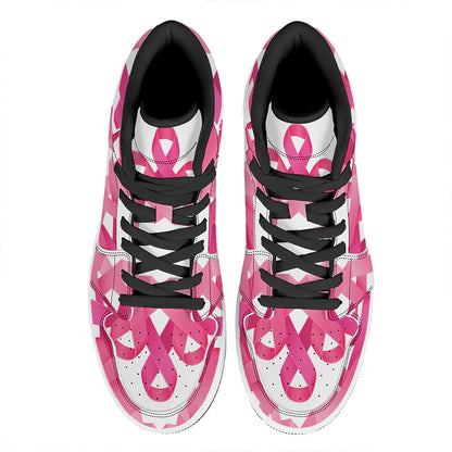 Pink Breast Cancer Ribbon Flower Print High Top Leather Sneakers