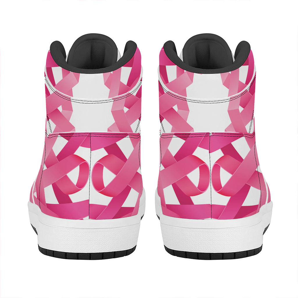 Pink Breast Cancer Ribbon Flower Print High Top Leather Sneakers
