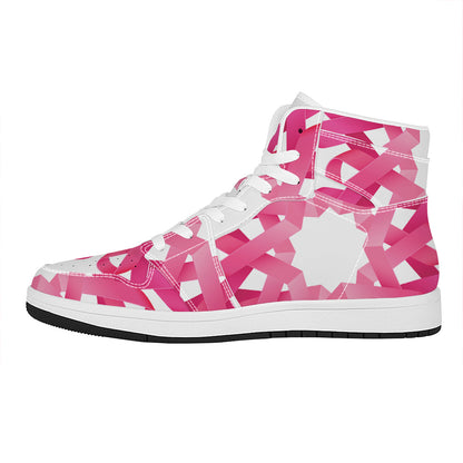 Pink Breast Cancer Ribbon Flower Print High Top Leather Sneakers