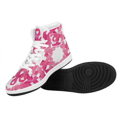 Pink Breast Cancer Ribbon Flower Print High Top Leather Sneakers