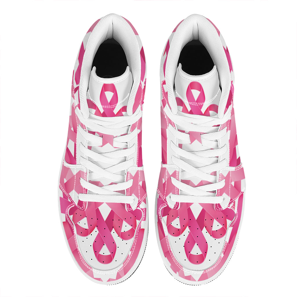 Pink Breast Cancer Ribbon Flower Print High Top Leather Sneakers
