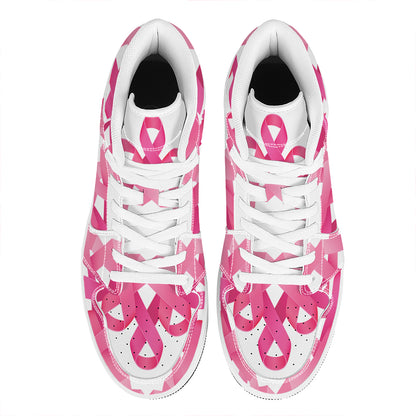 Pink Breast Cancer Ribbon Flower Print High Top Leather Sneakers