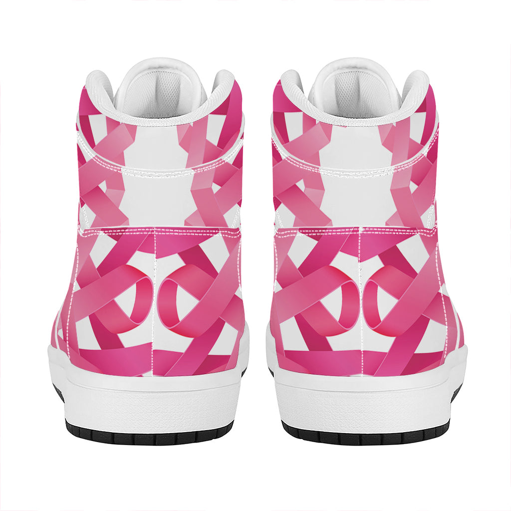 Pink Breast Cancer Ribbon Flower Print High Top Leather Sneakers