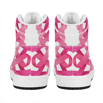 Pink Breast Cancer Ribbon Flower Print High Top Leather Sneakers