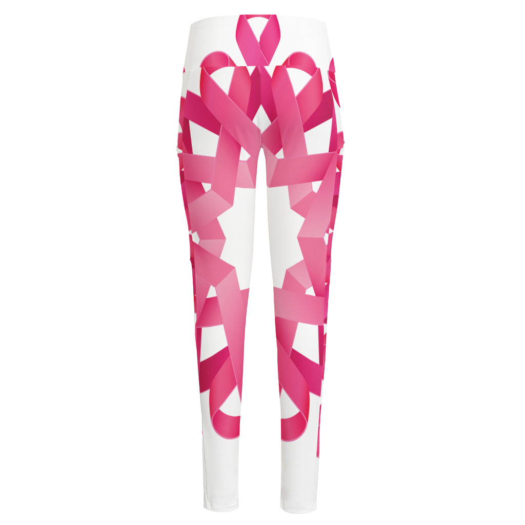 Pink Breast Cancer Ribbon Flower Print High-Waisted Pocket Leggings