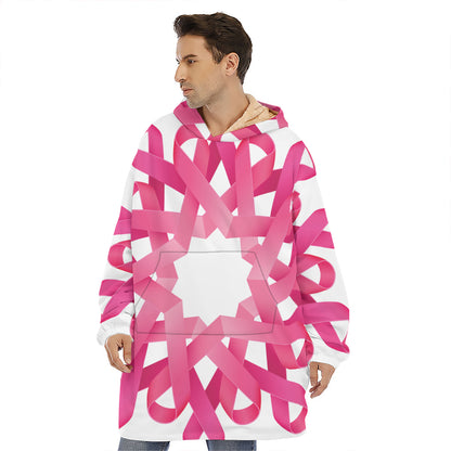 Pink Breast Cancer Ribbon Flower Print Hoodie Blanket