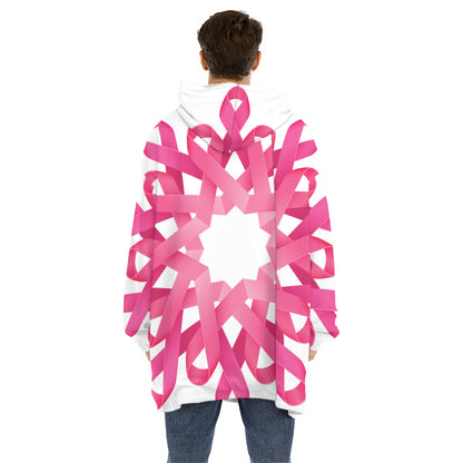 Pink Breast Cancer Ribbon Flower Print Hoodie Blanket