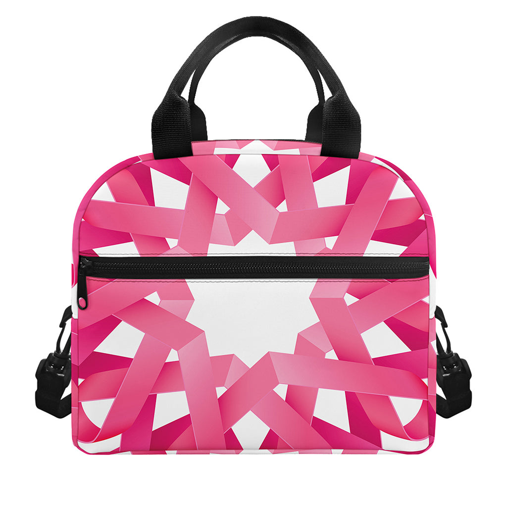 Pink Breast Cancer Ribbon Flower Print Insulated Lunch Bag