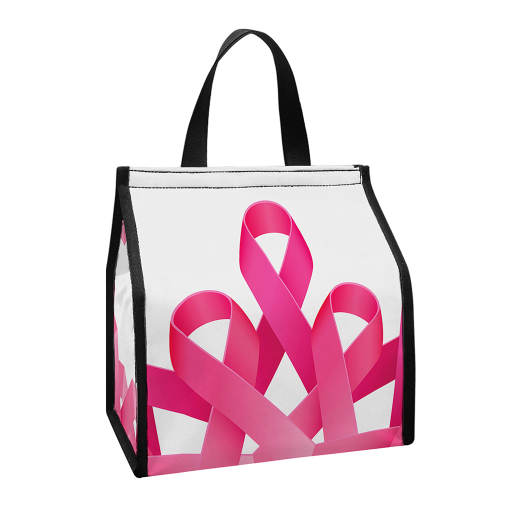 Pink Breast Cancer Ribbon Flower Print Insulated Lunch Tote