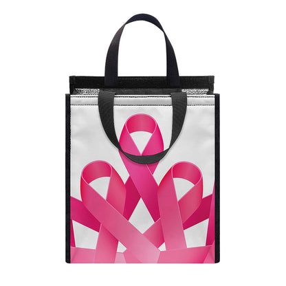 Pink Breast Cancer Ribbon Flower Print Insulated Lunch Tote
