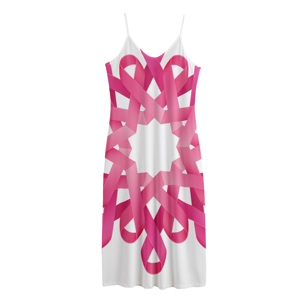 Pink Breast Cancer Ribbon Flower Print Jersey Midi Cami Dress