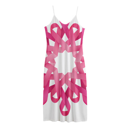 Pink Breast Cancer Ribbon Flower Print Jersey Midi Cami Dress