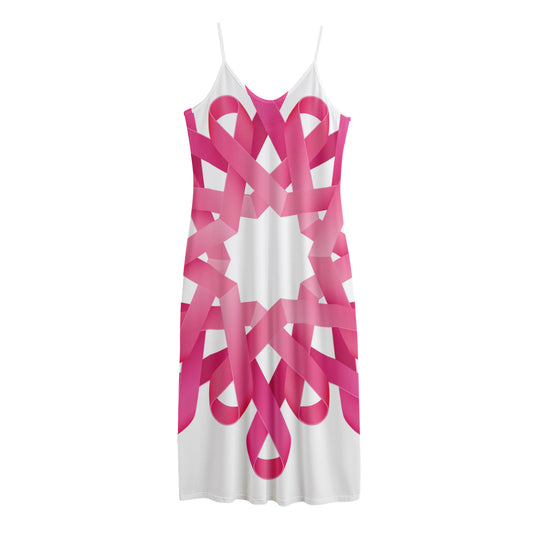 Pink Breast Cancer Ribbon Flower Print Jersey Midi Cami Dress