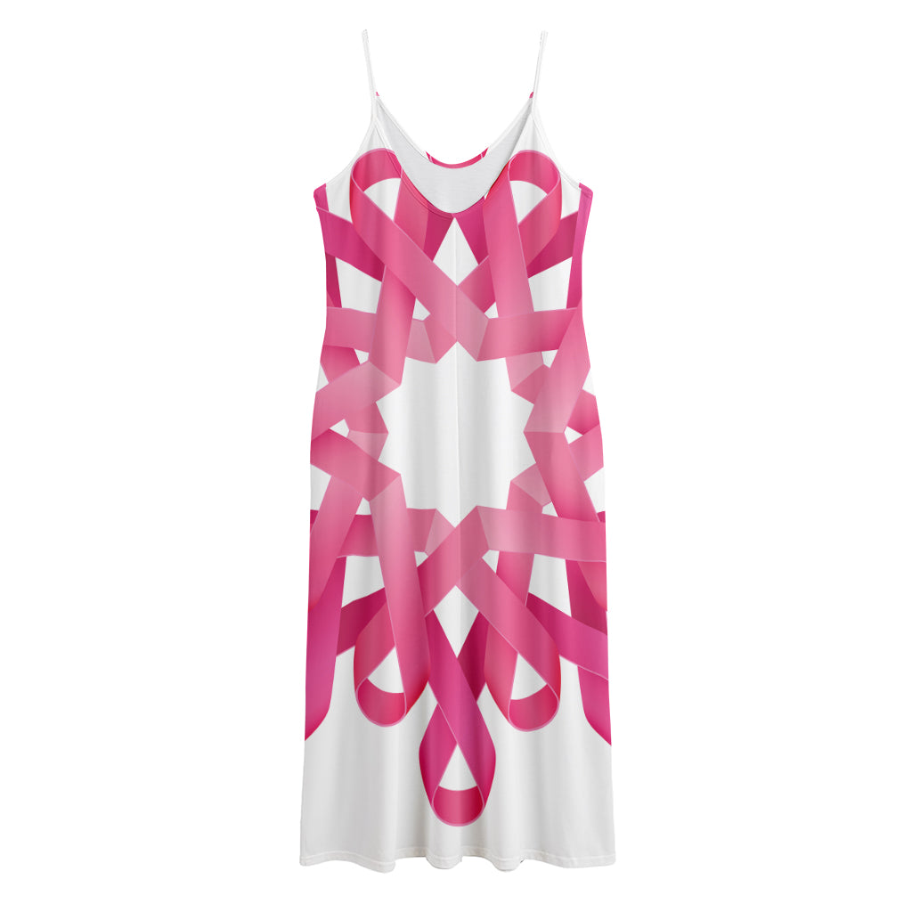 Pink Breast Cancer Ribbon Flower Print Jersey Midi Cami Dress