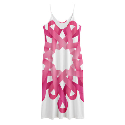 Pink Breast Cancer Ribbon Flower Print Jersey Midi Cami Dress