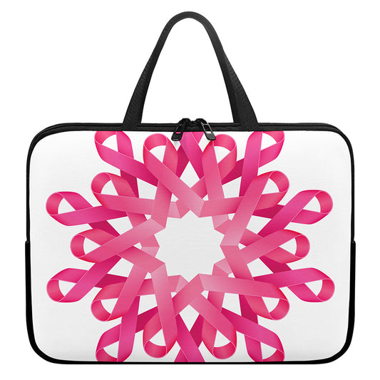 Pink Breast Cancer Ribbon Flower Print Laptop Sleeve With Handle