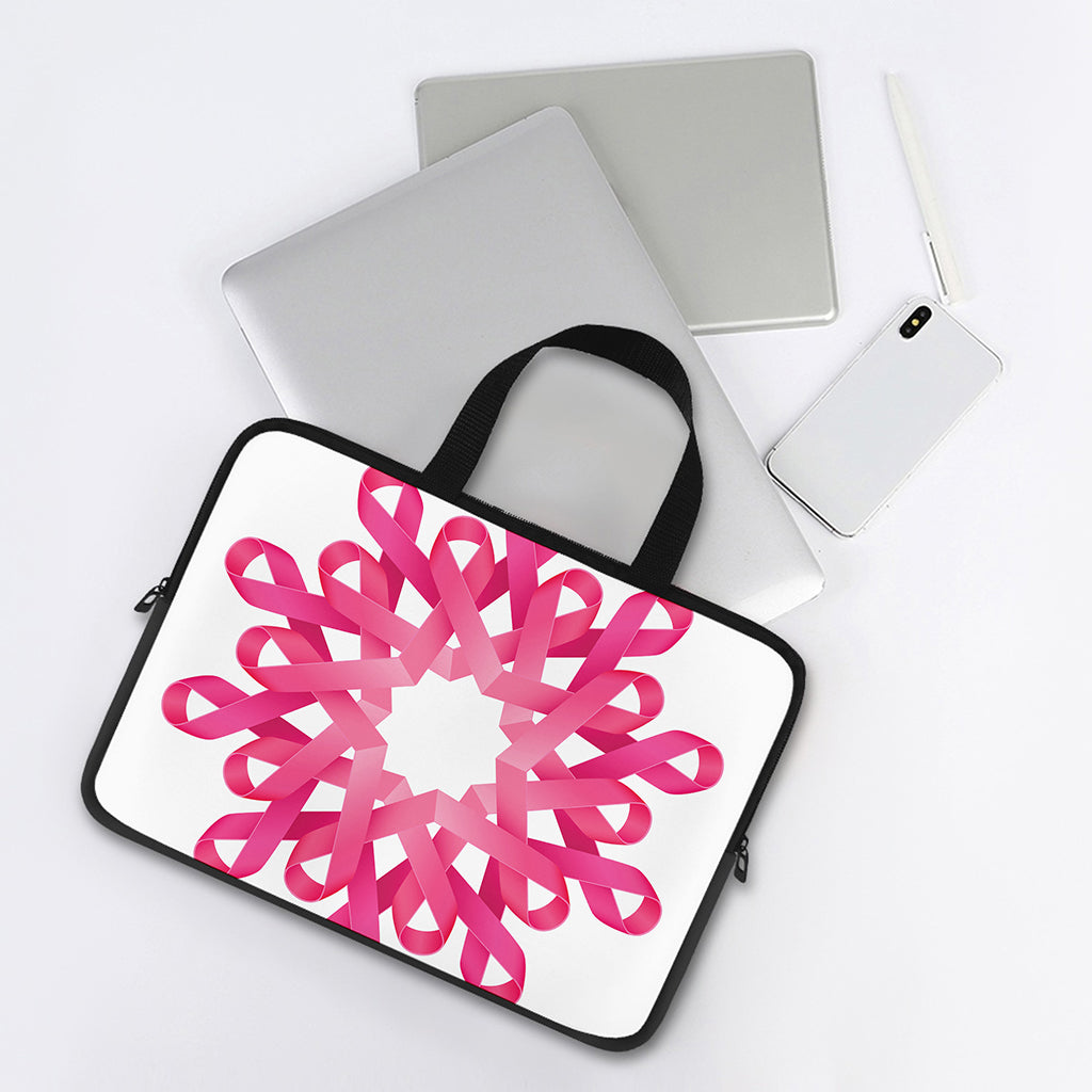 Pink Breast Cancer Ribbon Flower Print Laptop Sleeve With Handle