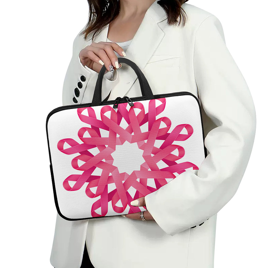 Pink Breast Cancer Ribbon Flower Print Laptop Sleeve With Handle