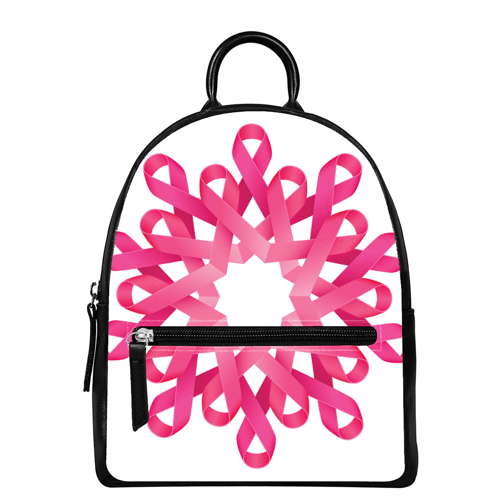 Pink Breast Cancer Ribbon Flower Print Leather Backpack