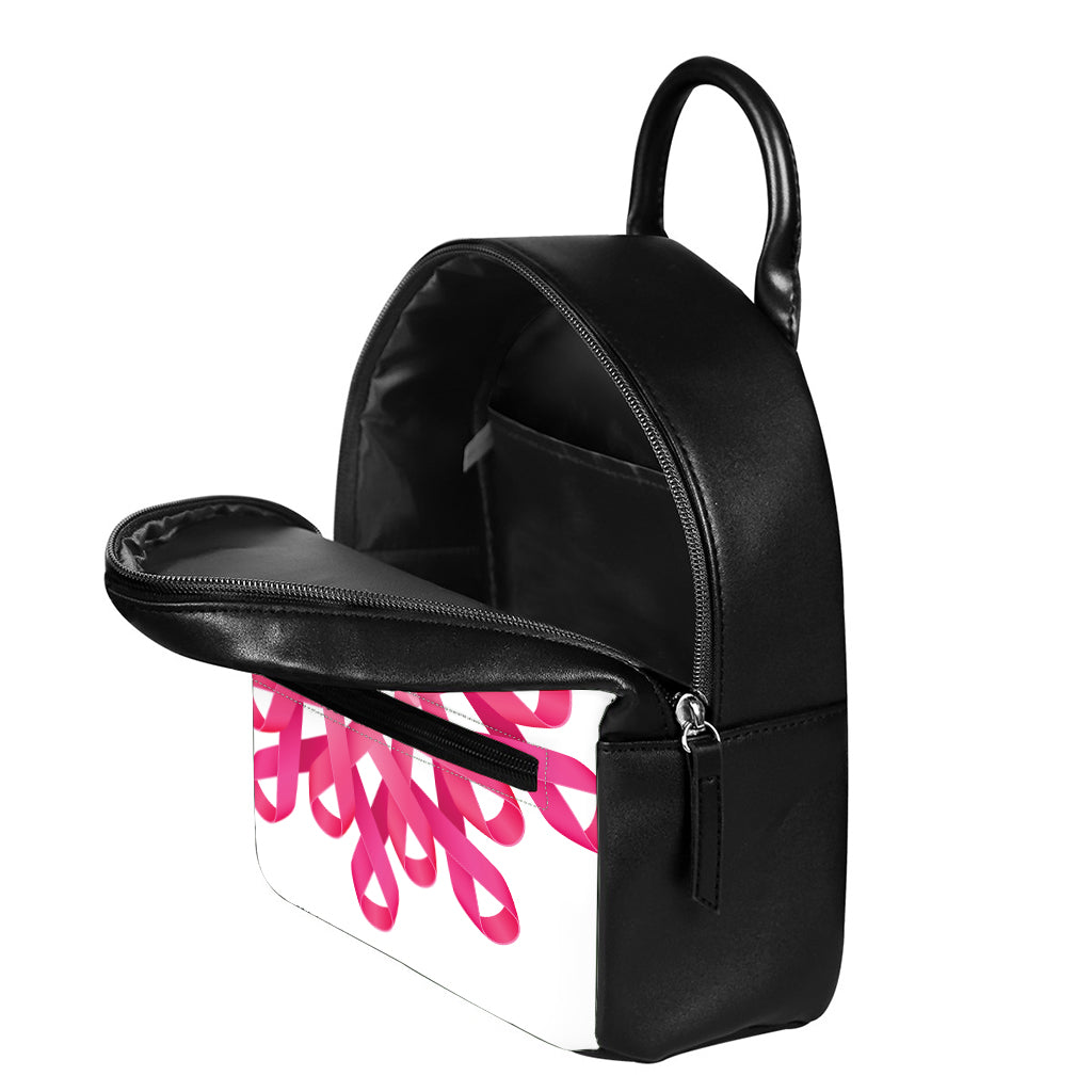Pink Breast Cancer Ribbon Flower Print Leather Backpack