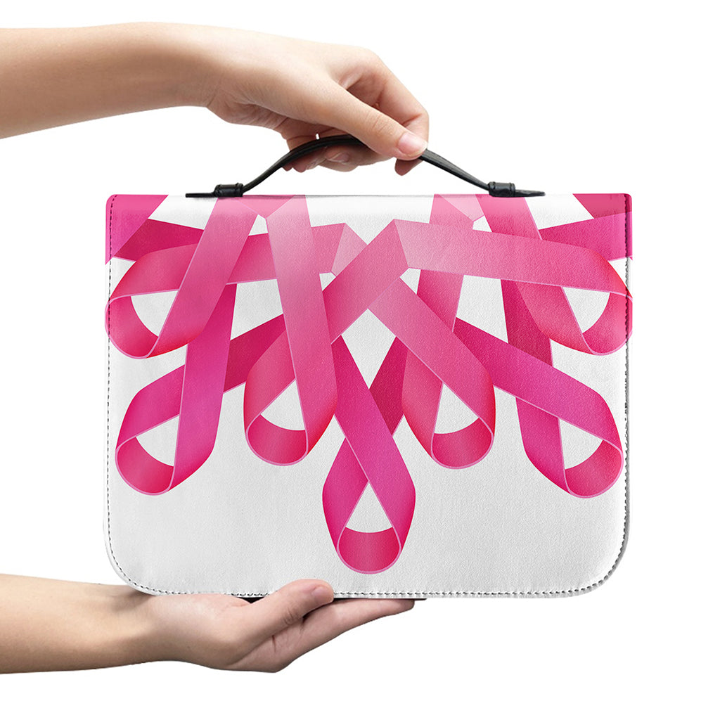 Pink Breast Cancer Ribbon Flower Print Leather Bible Cover
