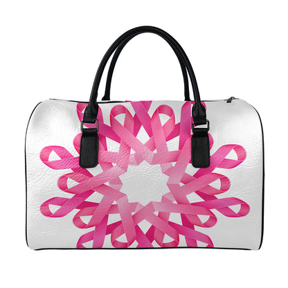Pink Breast Cancer Ribbon Flower Print Leather Duffle Bag