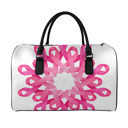 Pink Breast Cancer Ribbon Flower Print Leather Duffle Bag