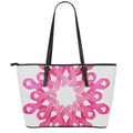 Pink Breast Cancer Ribbon Flower Print Leather Tote Bag With Zipper