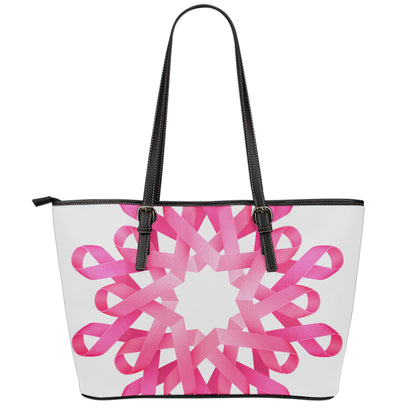 Pink Breast Cancer Ribbon Flower Print Leather Tote Bag
