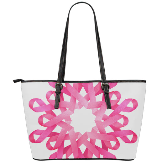 Pink Breast Cancer Ribbon Flower Print Leather Tote Bag