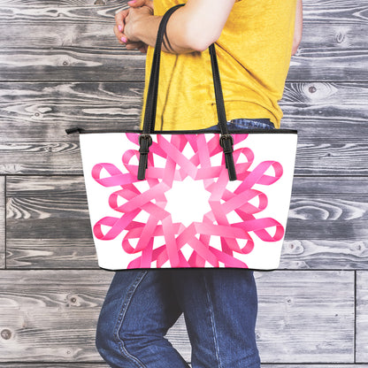 Pink Breast Cancer Ribbon Flower Print Leather Tote Bag