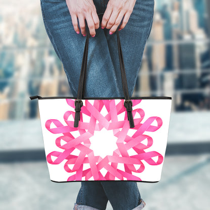 Pink Breast Cancer Ribbon Flower Print Leather Tote Bag