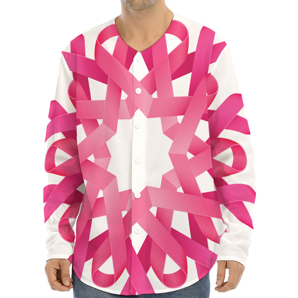 Pink Breast Cancer Ribbon Flower Print Long Sleeve Baseball Jersey