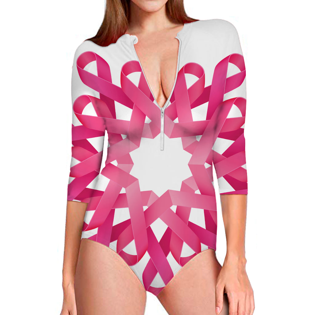 Pink Breast Cancer Ribbon Flower Print Long Sleeve Swimsuit