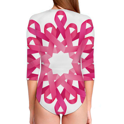 Pink Breast Cancer Ribbon Flower Print Long Sleeve Swimsuit